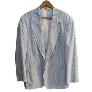 Vintage Blue & White Vertical Stripe Lined Blazer Pockets Suit Jacket H